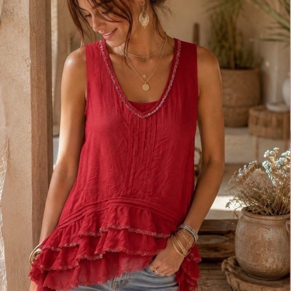 Odille Anthropologie Ruffle Hem Sleeveless Tunic Top Size 12 Burnt Orange Boho